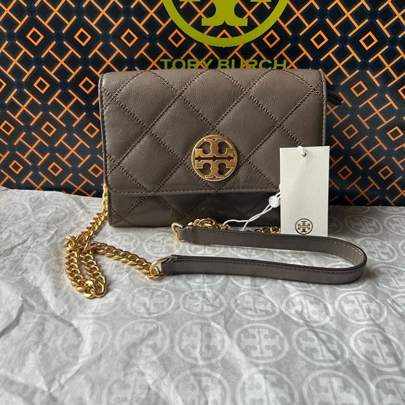 Tory Burch Willa Chain Wallet Crossbody Bag Volcanic Stone Gold Gray - Picture 1 of 12